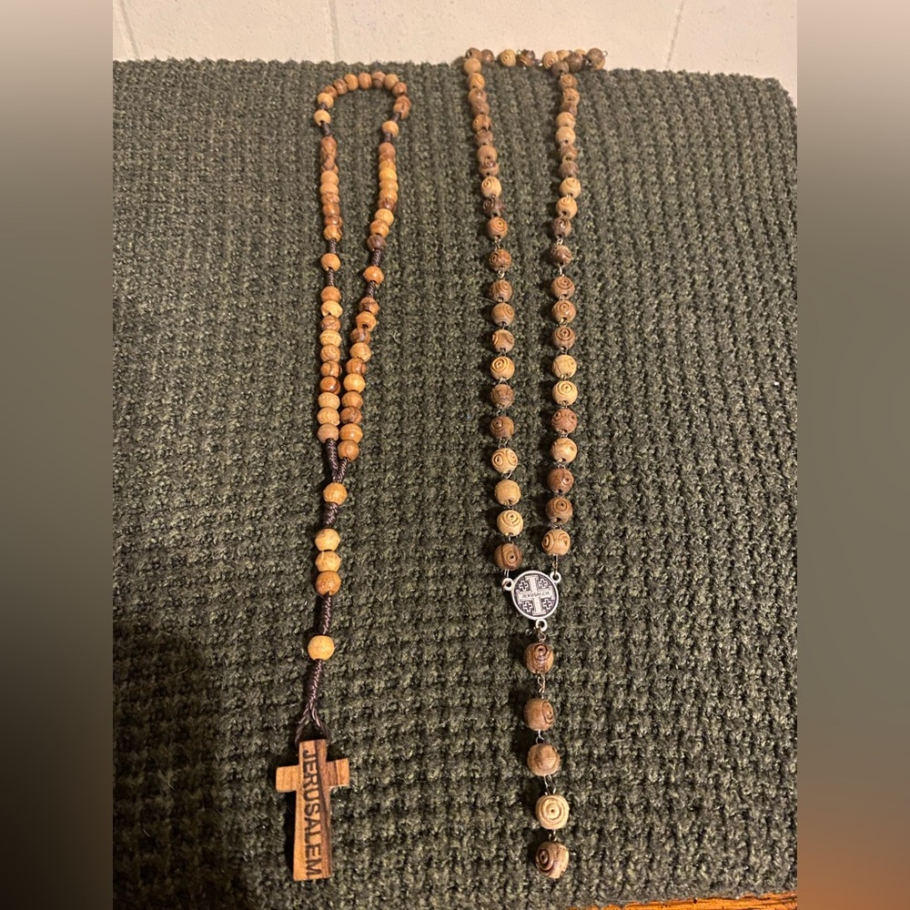 Natural Olive Wood Beaded Rosary necklaces. Set of 2